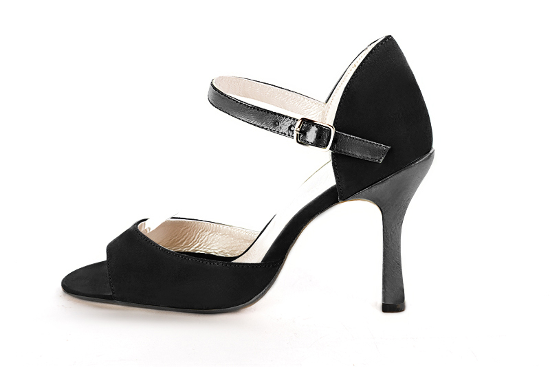 Matt black and dark silver women's closed back sandals, with an instep strap. Round toe. High spool heels. Profile view - Florence KOOIJMAN